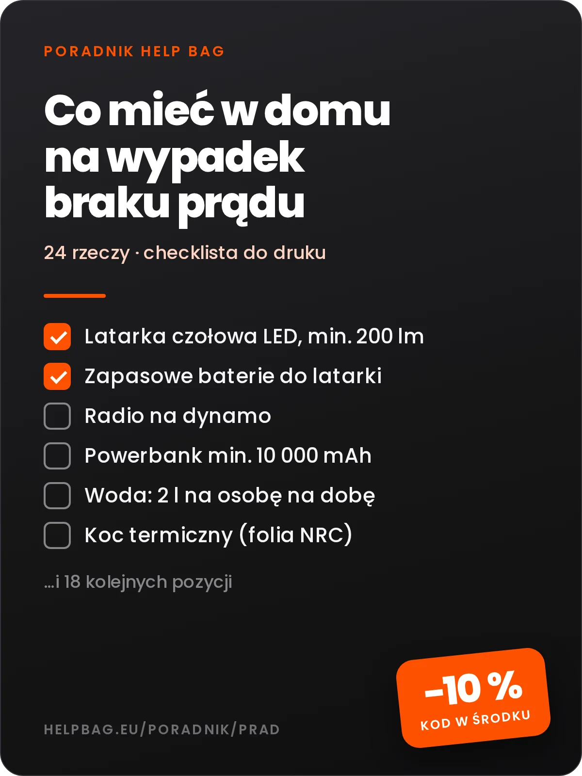 Okładka checklisty HELP BAG: co mieć w domu na wypadek braku prądu, 24 rzeczy, kod −10 %