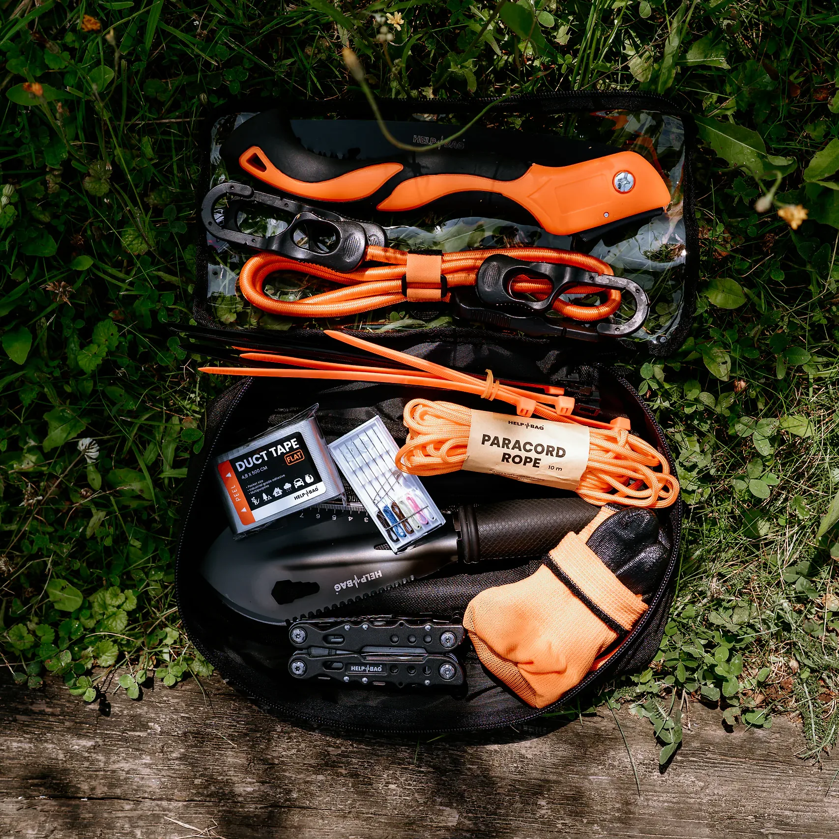Otwarty moduł TOOLS z pełnego zestawu HELP BAG MAX PRO: piła, linki, paracord, taśma, łopata i multitool